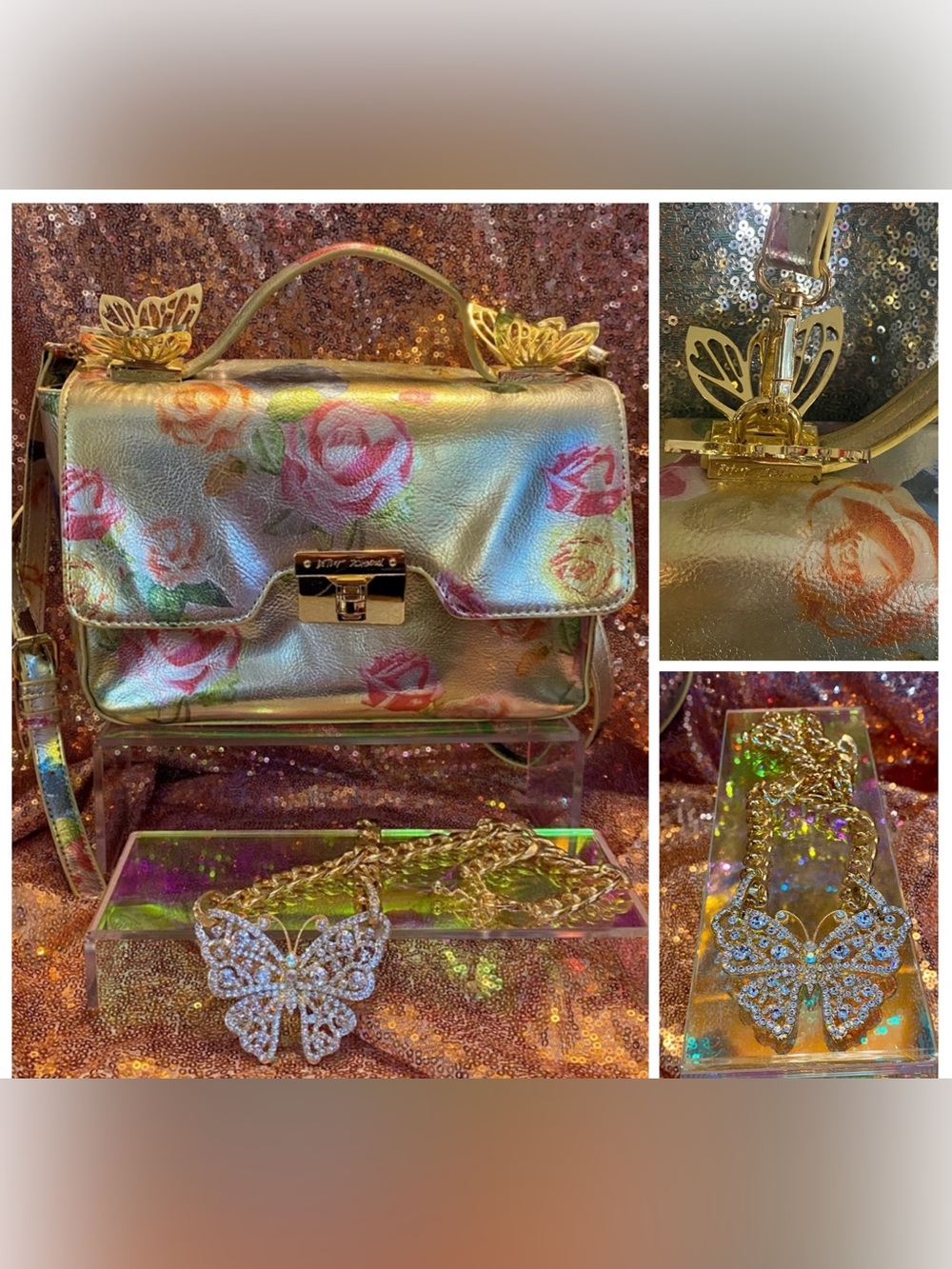 Betsey Johnson Metallic Gold Floral Butterfly Satchel Crossbody Bag Bundle Set